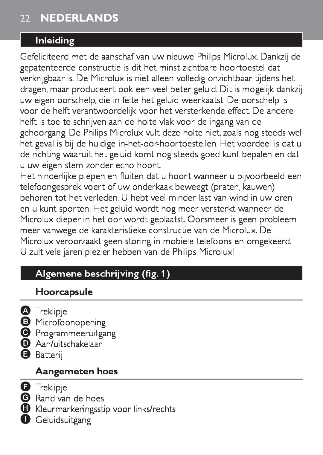 Philips HC8900 user manual 22Nederlands, Inleiding, Algemene beschrijving fig 