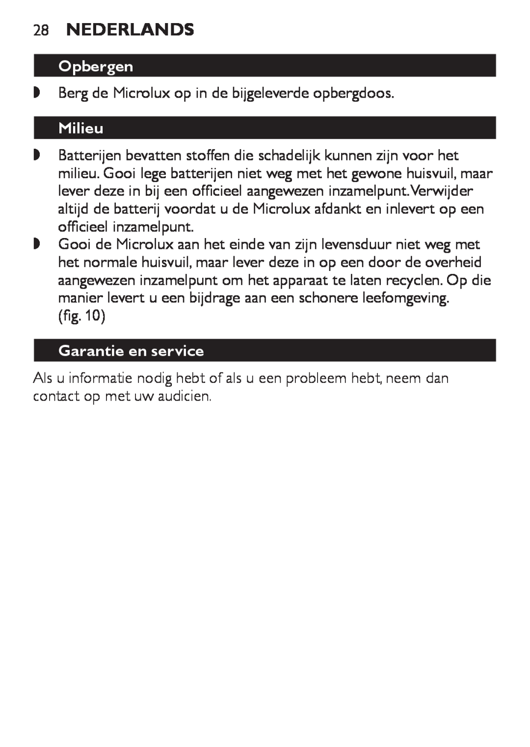 Philips HC8900 user manual 28Nederlands, Opbergen, Milieu, Garantie en service 