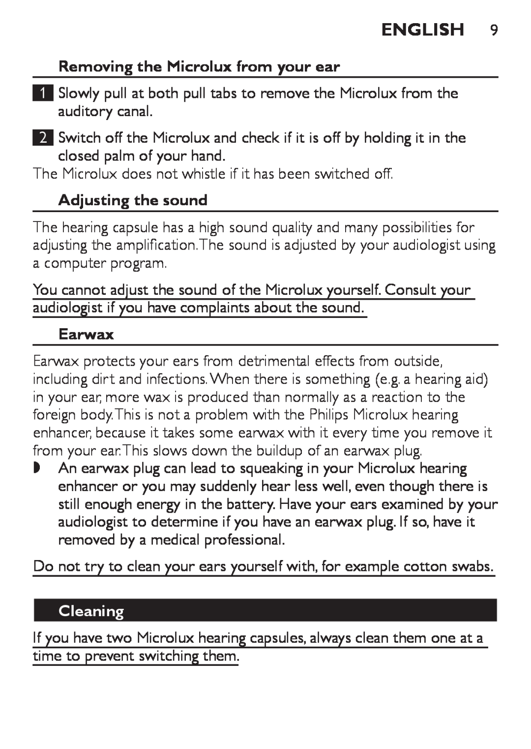 Philips HC8900 user manual Cleaning, English , Removing the Microlux from your ear, Adjusting the sound, Earwax 