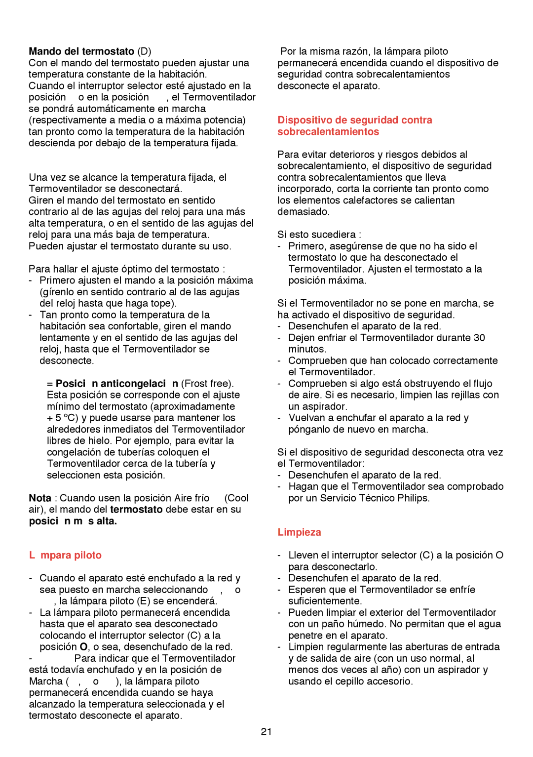 Philips HD 3274/75 Mando del termostato D, Lá mpara piloto, Dispositivo de seguridad contra sobrecalentamientos, Limpieza 