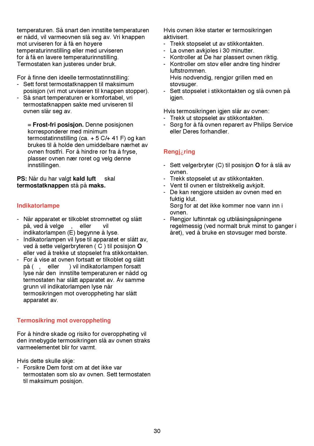 Philips HD 3274/75 manual Indikatorlampe, Termosikring mot overoppheting, Rengjøring 