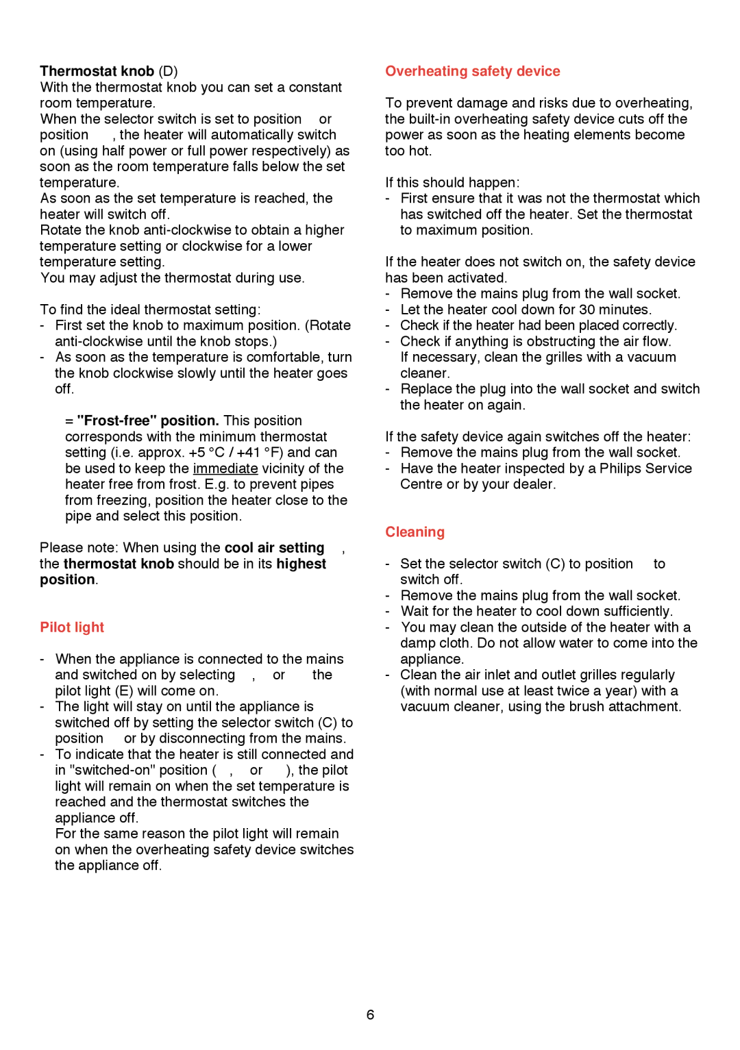 Philips HD 3274/75 manual Thermostat knob D, Pilot light, Overheating safety device, Cleaning 