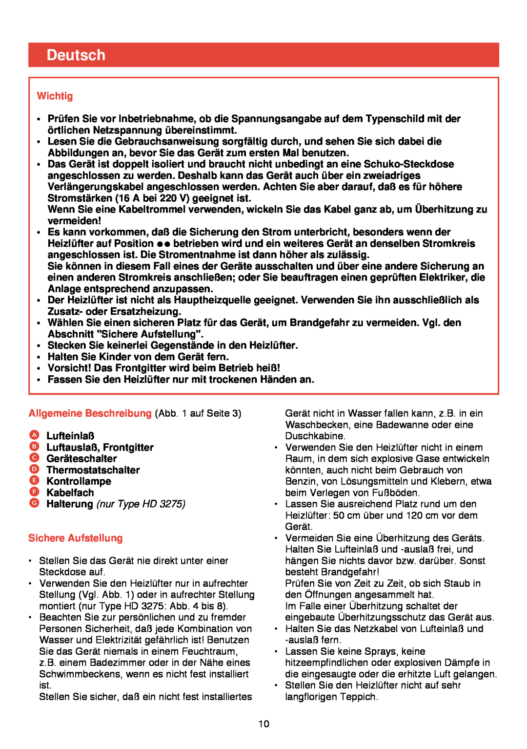 Philips HD 3274/75 manual Deutsch, Wichtig, Allgemeine Beschreibung Abb. 1 auf Seite, G Halterung nur Type HD 