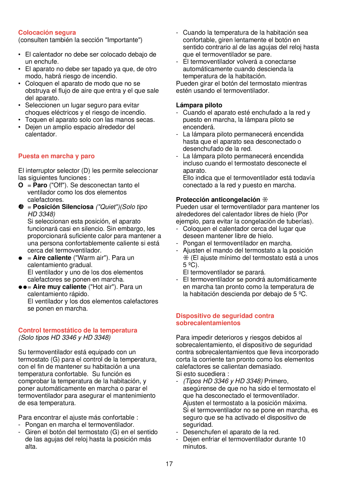 Philips HD 3345 manual Colocació n segura, Puesta en marcha y paro, Control termostá tico de la temperatura 