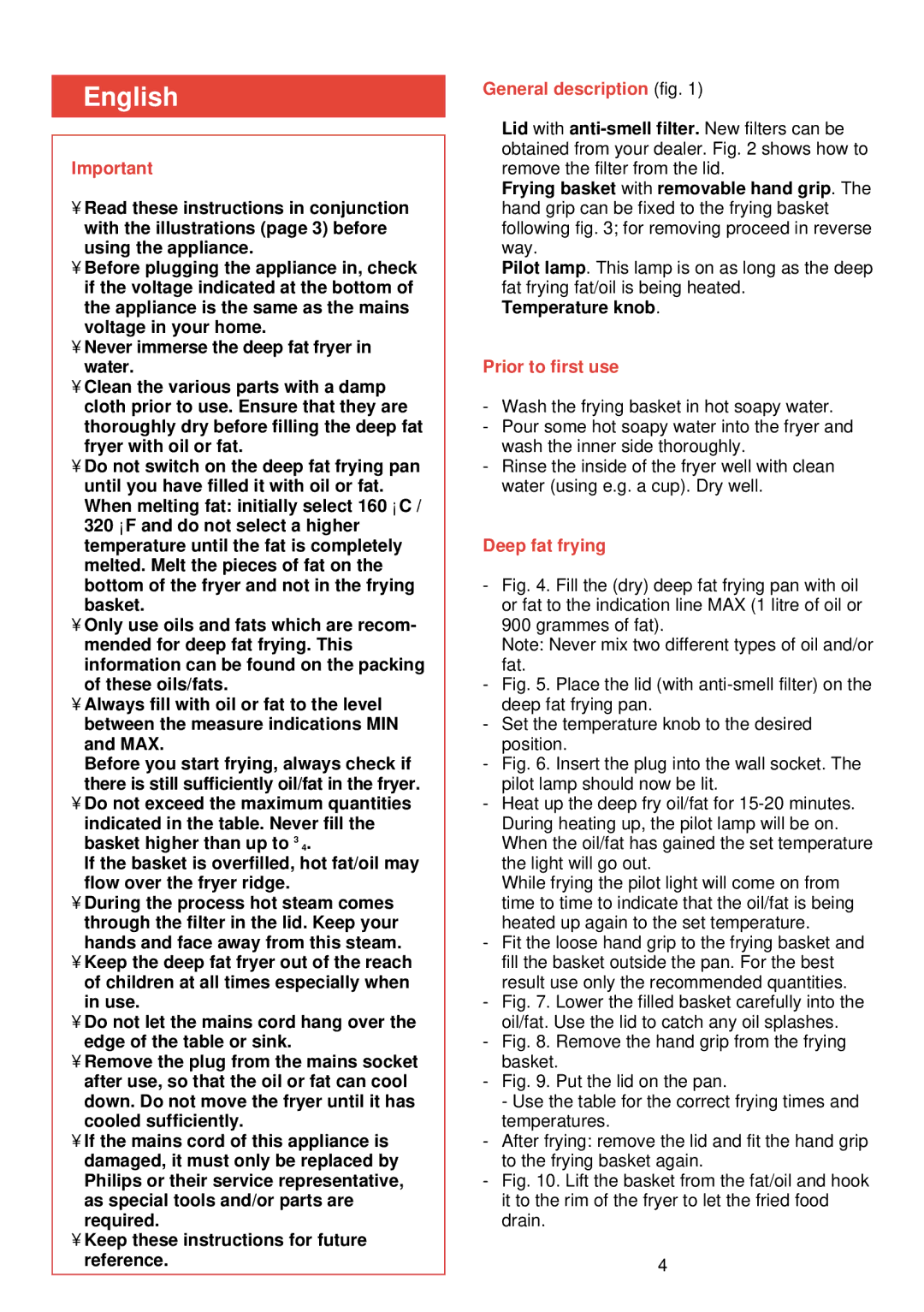 Philips HD 4266 manual English, General description fig, DTemperature knob, Prior to first use, Deep fat frying 