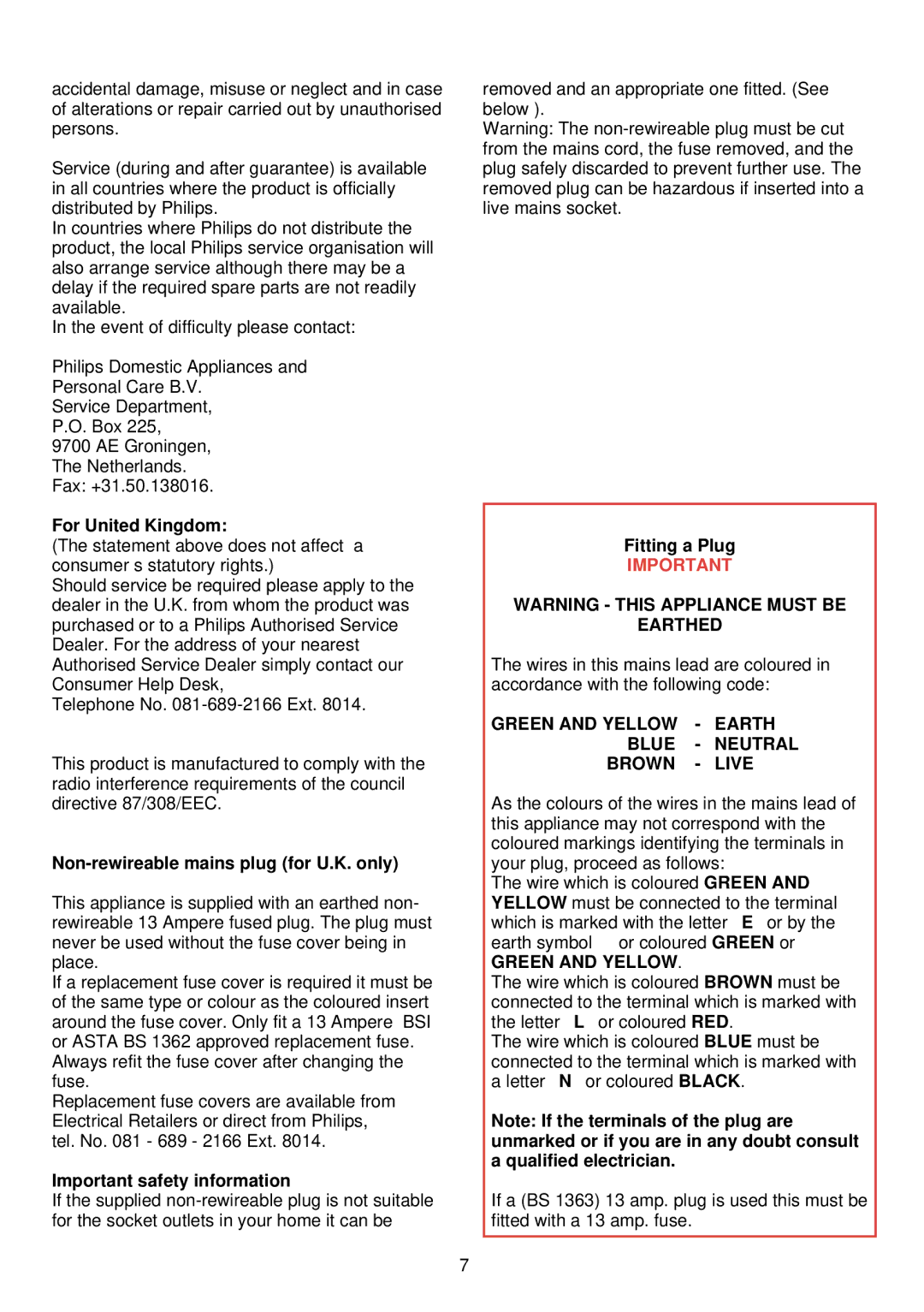 Philips HD 4266 For United Kingdom, Non-rewireable mains plug for U.K. only, Important safety information, Fitting a Plug 