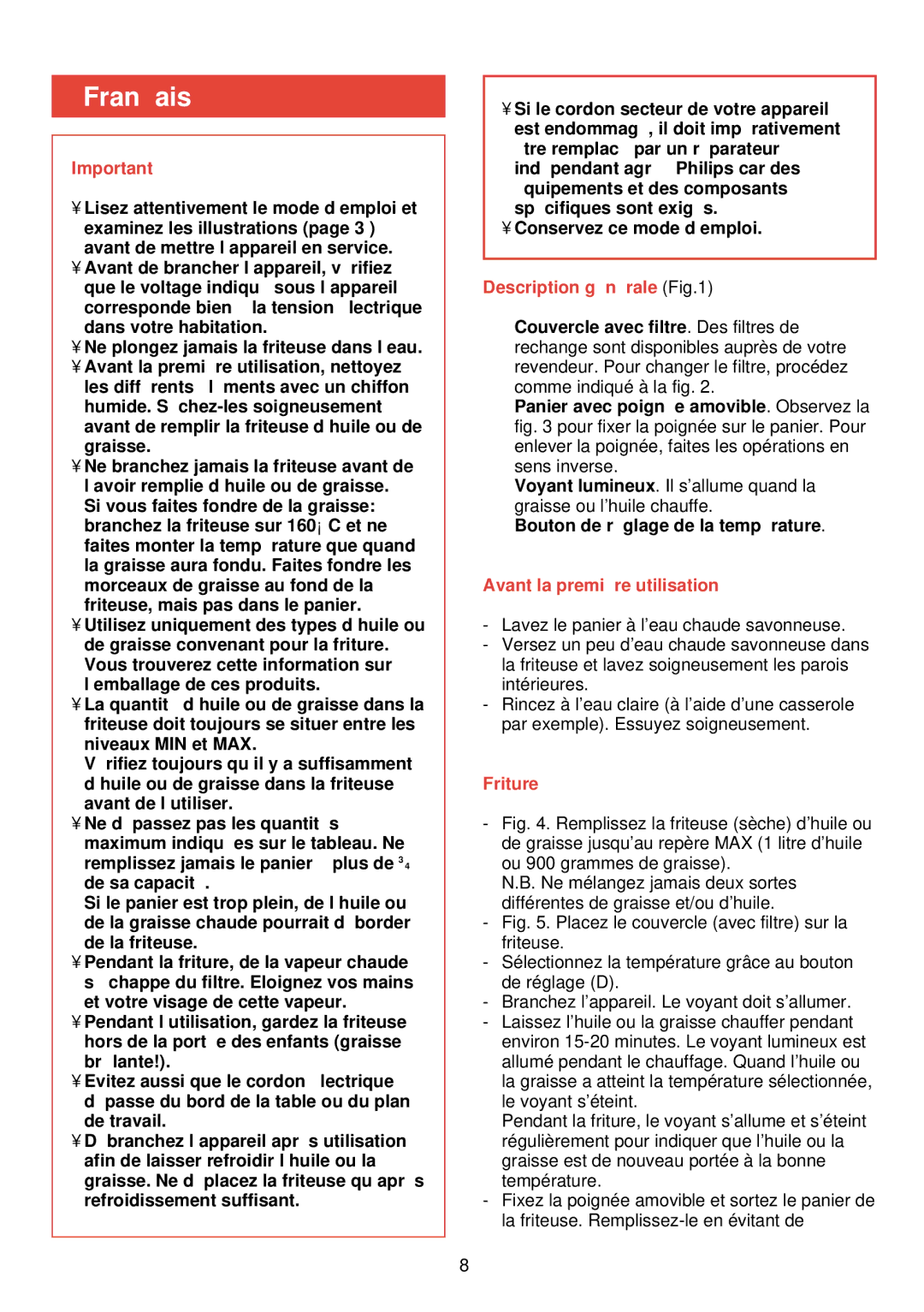 Philips HD 4266 manual Franç ais, Description gé né rale, Avant la premiè re utilisation, Friture 