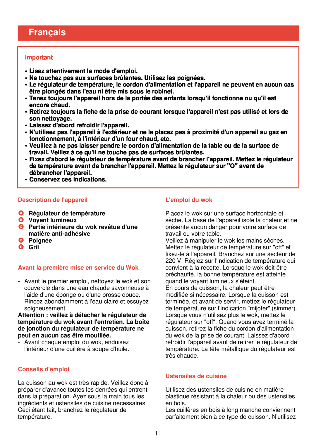 Philips HD 4335 manual Français, Description de lappareil, Avant la première mise en service du Wok, Conseils demploi 