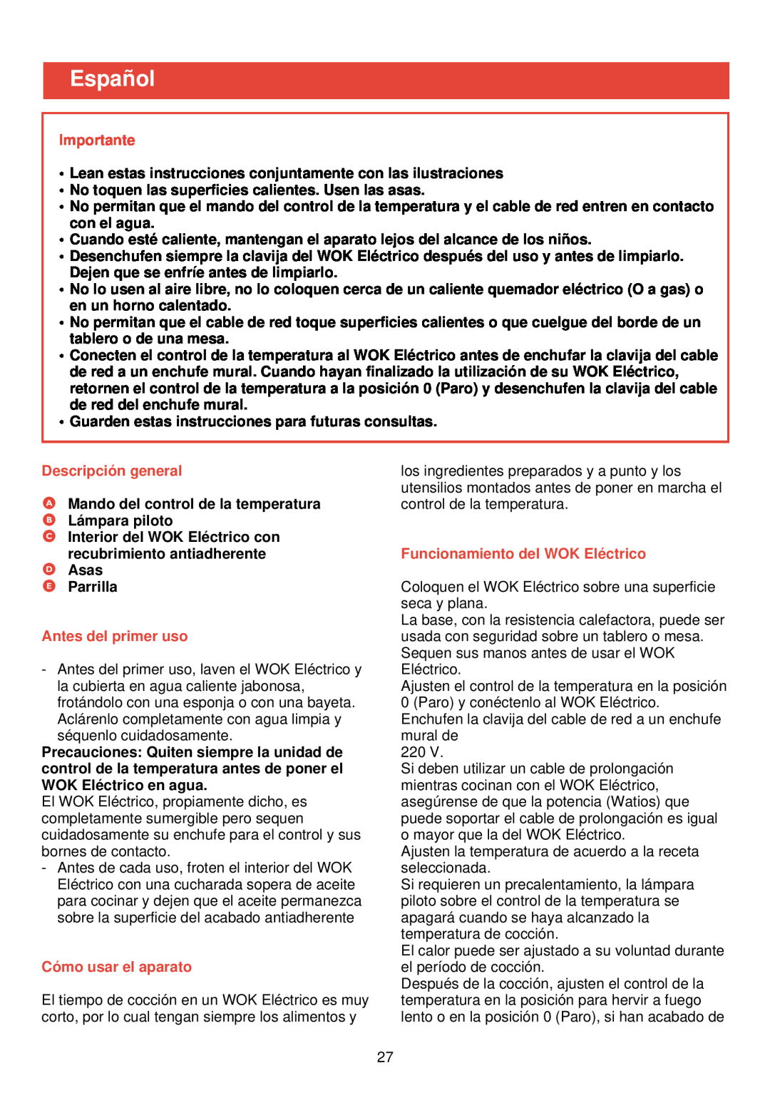 Philips HD 4335 manual Español, Importante, Descripción general, Antes del primer uso, Cómo usar el aparato 