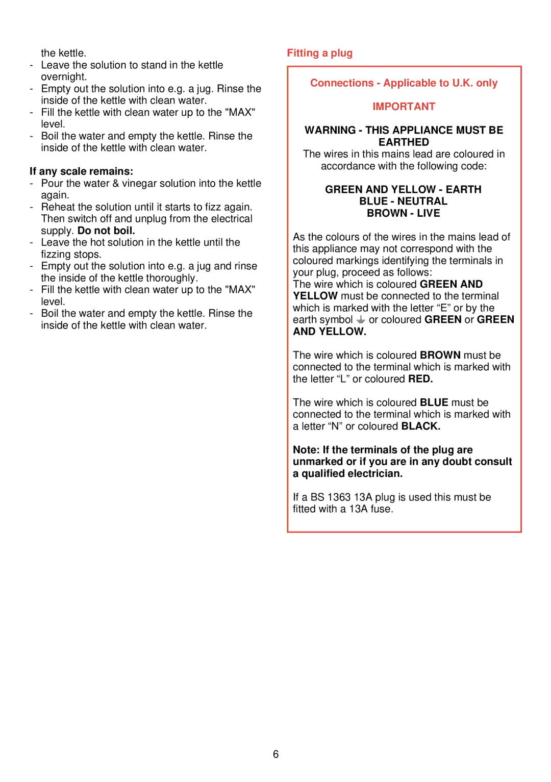 Philips HD 4390/91 manual If any scale remains, Fitting a plug Connections Applicable to U.K. only 