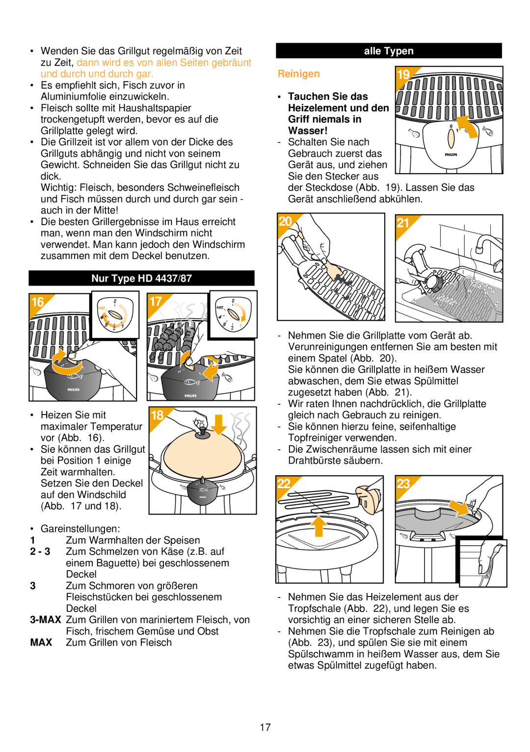 Philips HD 4435/36/37, HD 4485/86/87 manual Nur Type HD 4437/87 Alle Typen, Reinigen 