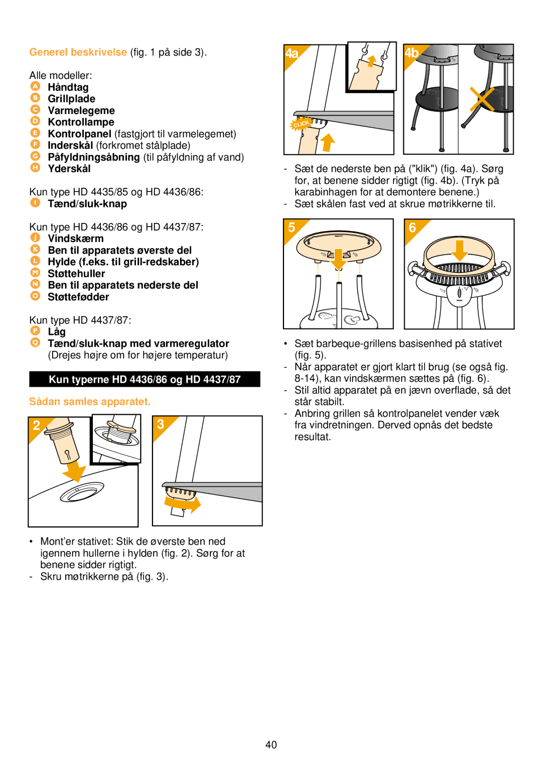 Philips HD 4485/86/87 manual Generel beskrivelse på side, Kun typerne HD 4436/86 og HD 4437/87, Så dan samles apparatet 