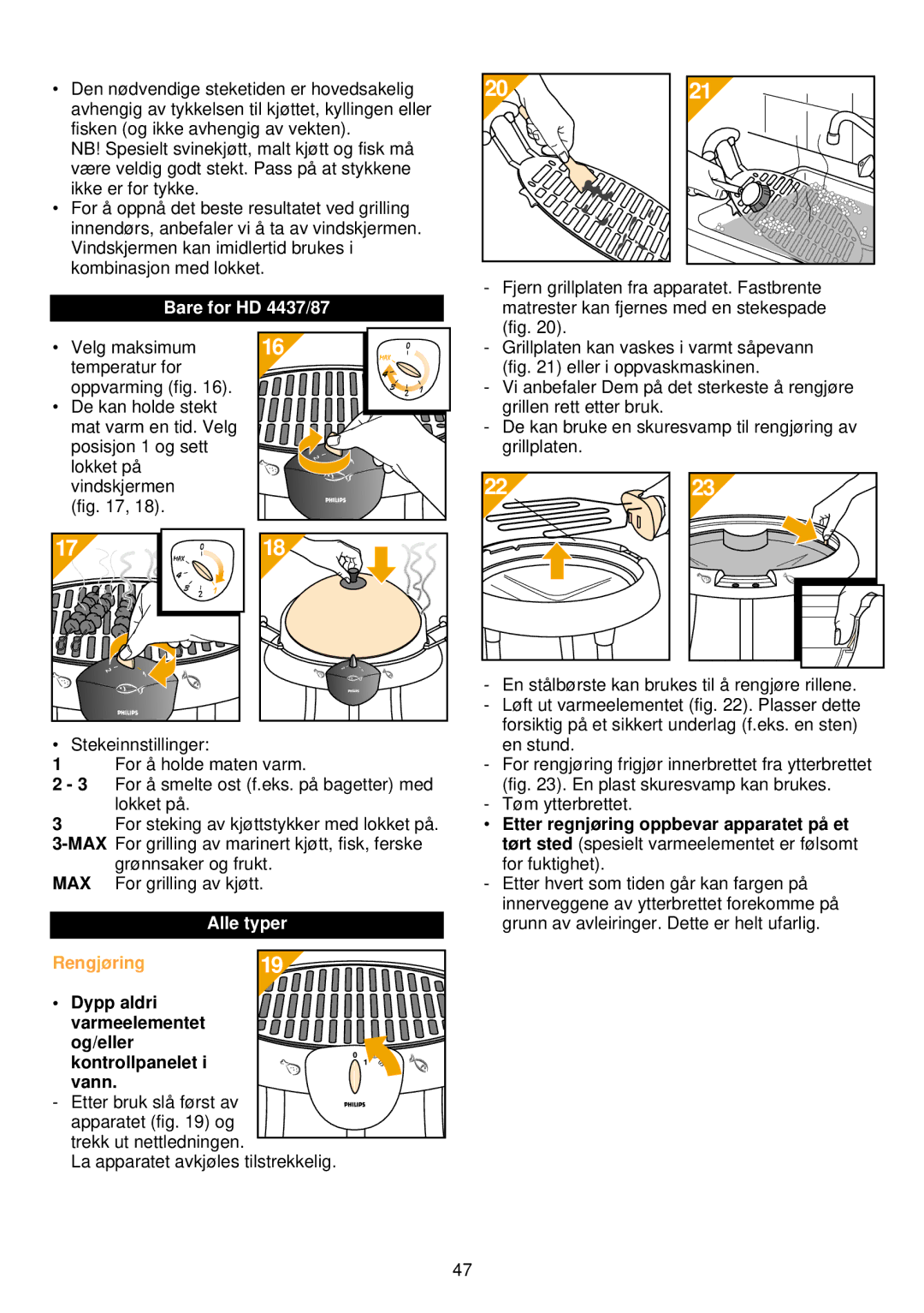 Philips HD 4435/36/37, HD 4485/86/87 manual Bare for HD 4437/87, Rengjøring, Kontrollpanelet i vann 