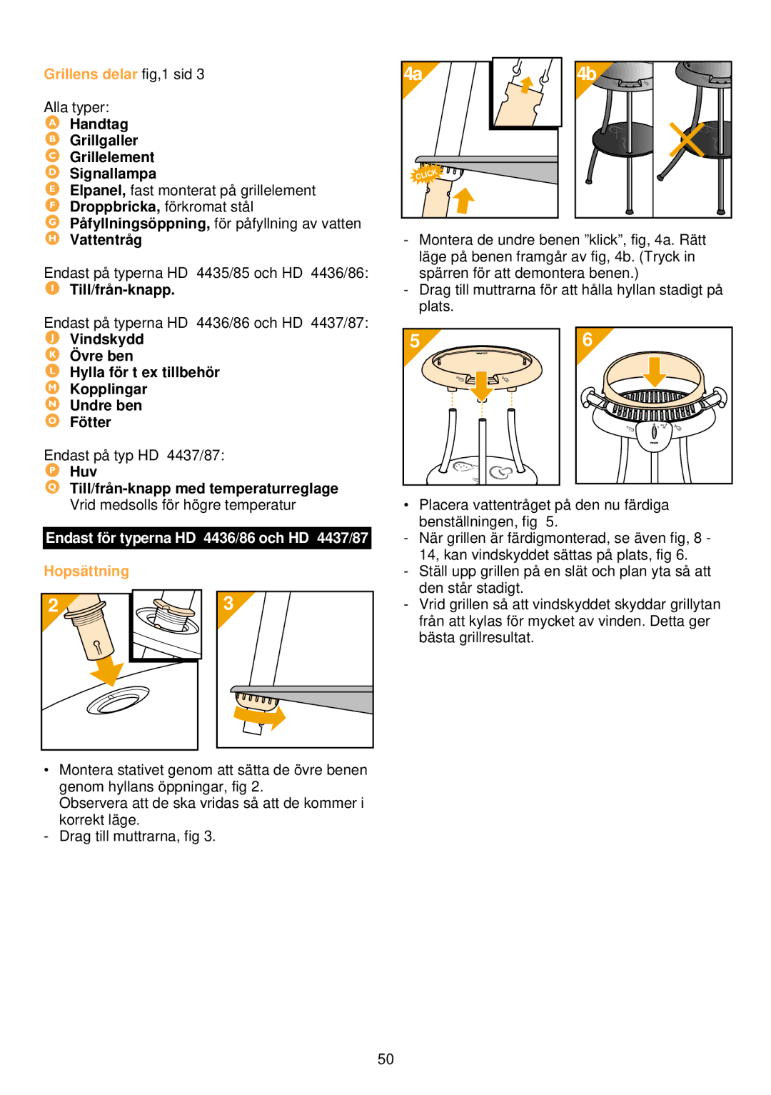 Philips HD 4485/86/87, HD 4435/36/37 Grillens delar fig,1 sid, Endast fö r typerna HD 4436/86 och HD 4437/87, Hopsä ttning 