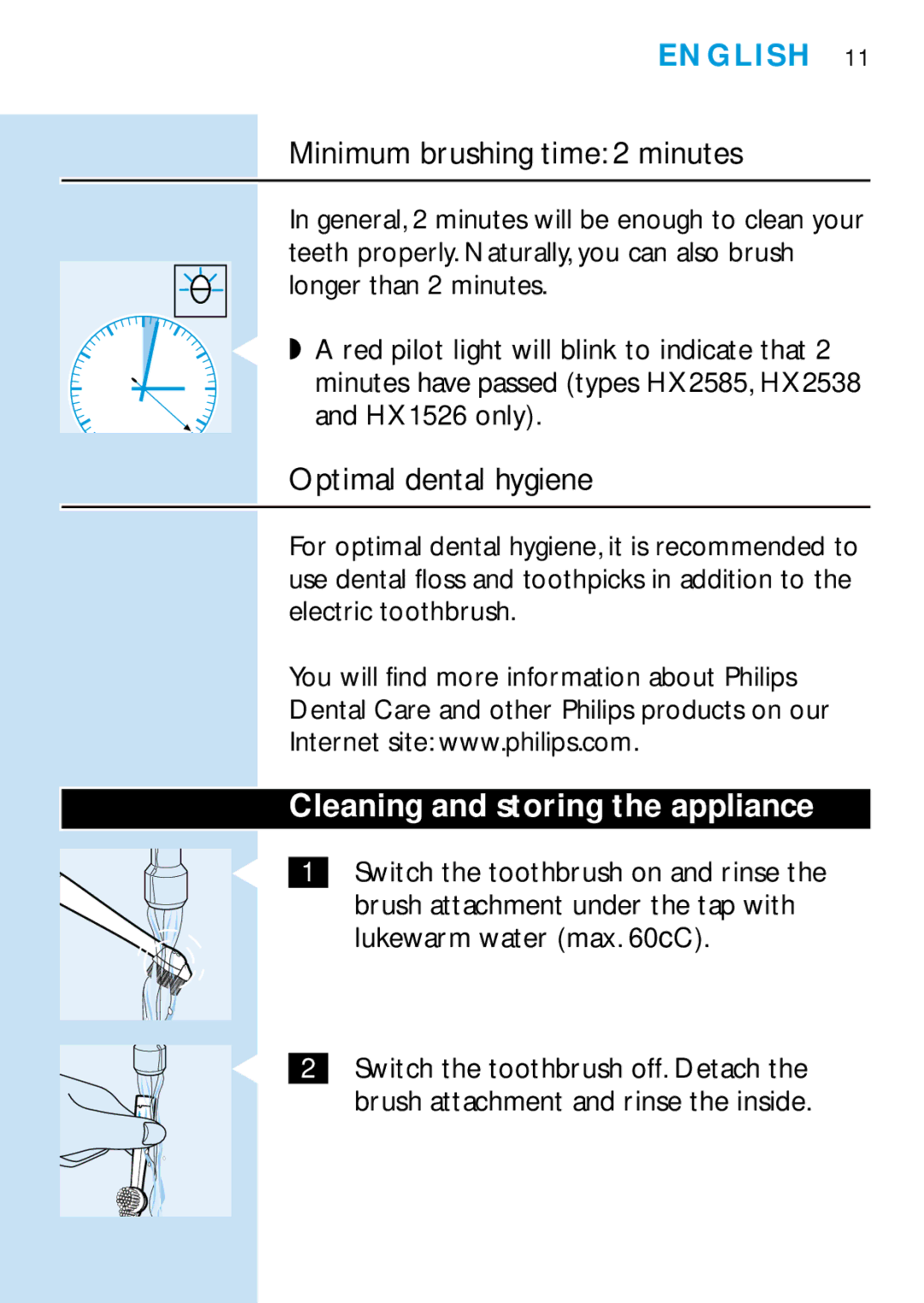 Philips HD 650 manual Minimum brushing time 2 minutes, Optimal dental hygiene, Cleaning and storing the appliance 