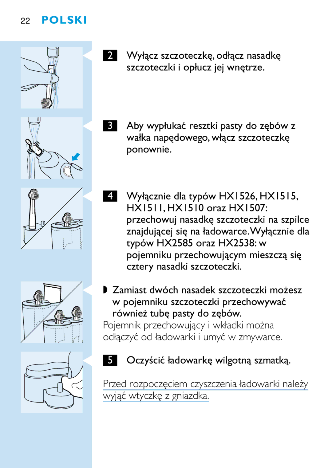 Philips HD 650 manual Ponownie, HX1511, HX1510 oraz HX1507, Typów HX2585 oraz HX2538 w, Cztery nasadki szczoteczki 