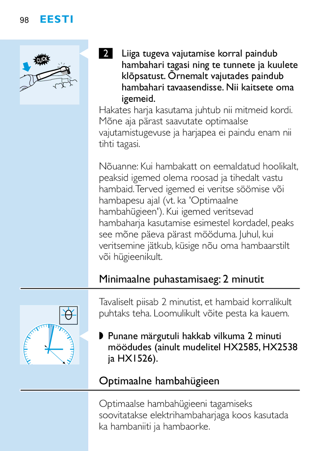 Philips HD 650 manual Minimaalne puhastamisaeg 2 minutit, Optimaalne hambahügieen 