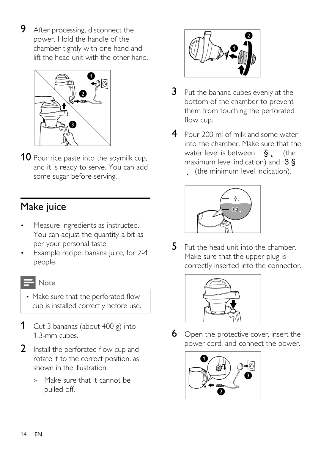 Philips HD2060 user manual Make juice, Example recipe banana juice, for 2-4 people, Cut 3 bananas about 400 g into Mm cubes 