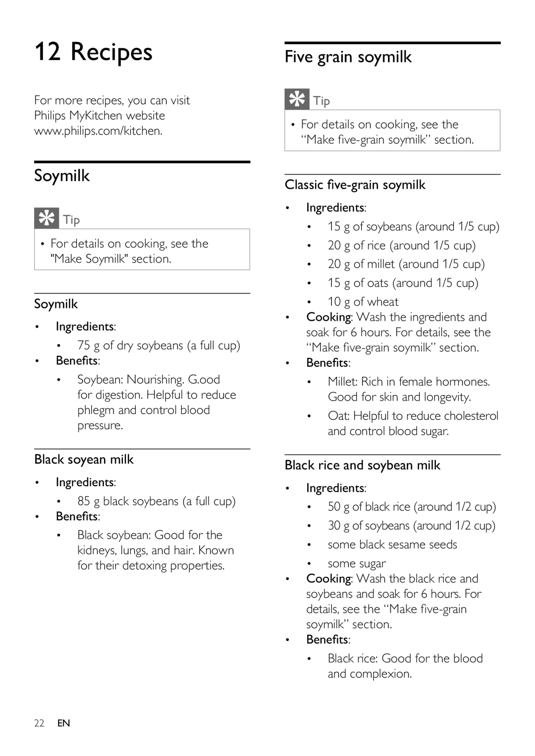 Philips HD2060 user manual Recipes, Soymilk, Five grain soymilk 