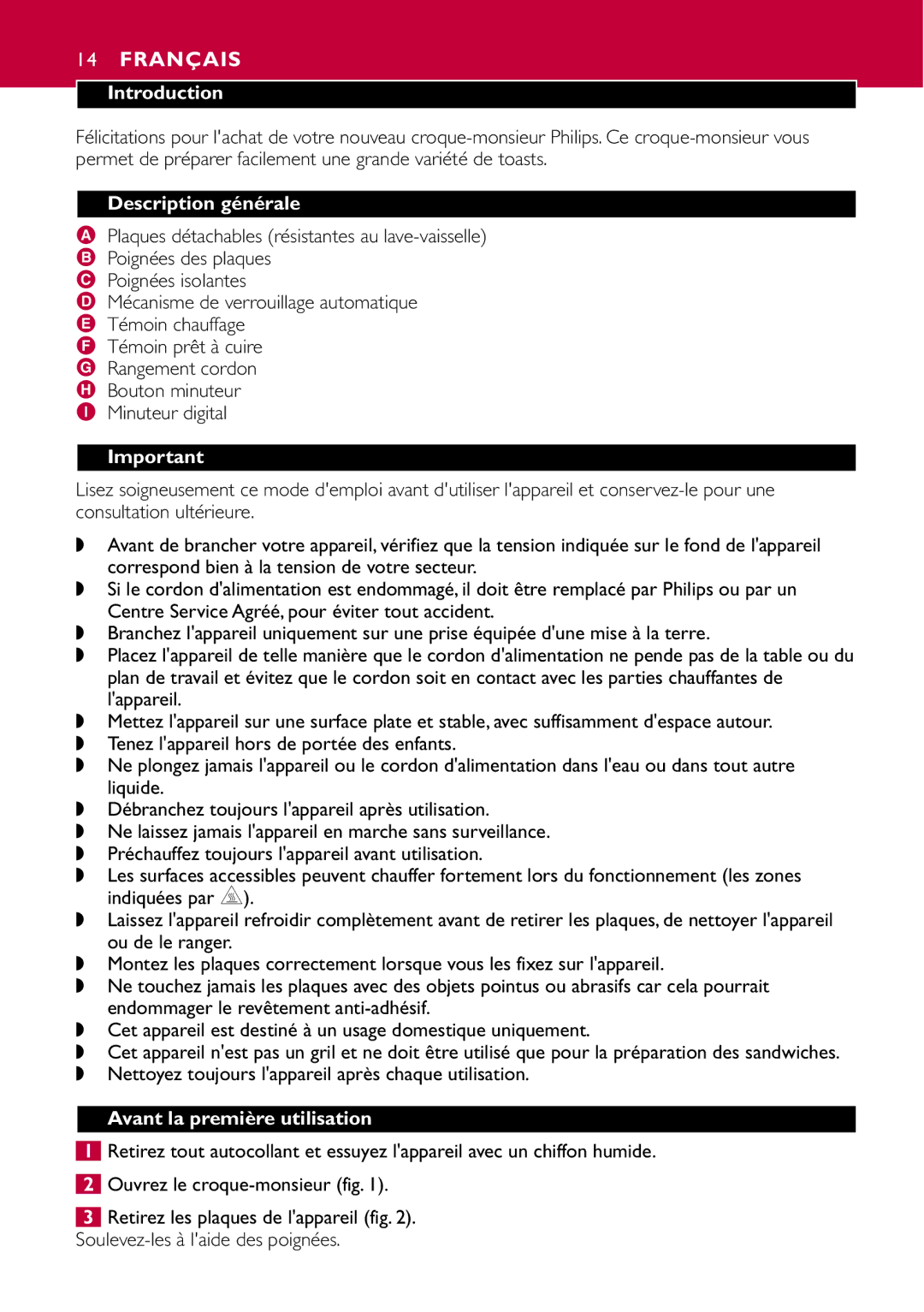 Philips HD2415 manual Français, Description générale, Avant la première utilisation 