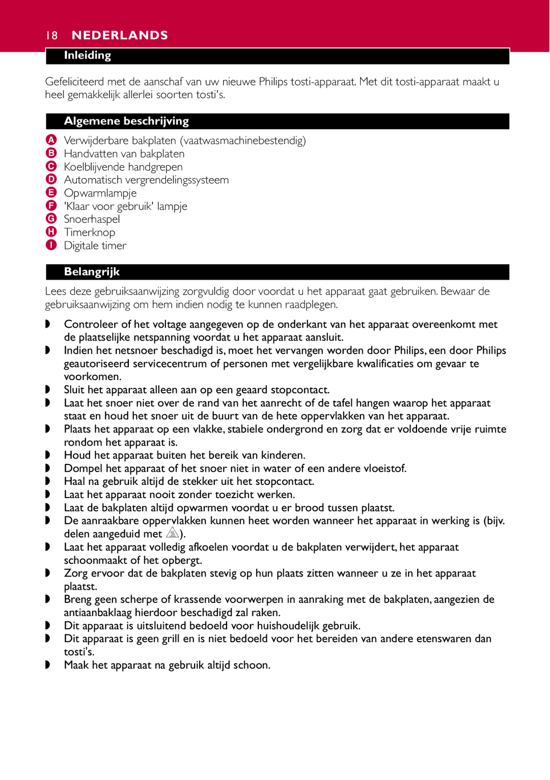 Philips HD2415 manual Nederlands, Inleiding, Algemene beschrijving, Belangrijk 