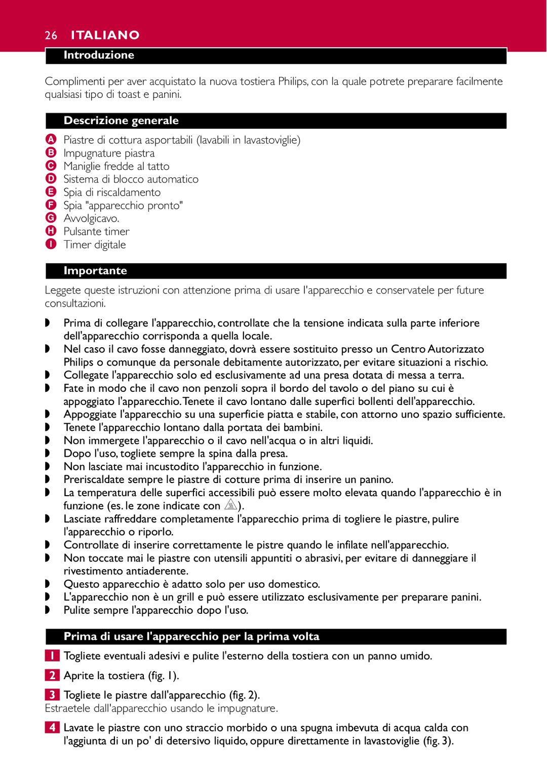 Philips HD2415 manual Italiano, Introduzione, Descrizione generale, Prima di usare lapparecchio per la prima volta 