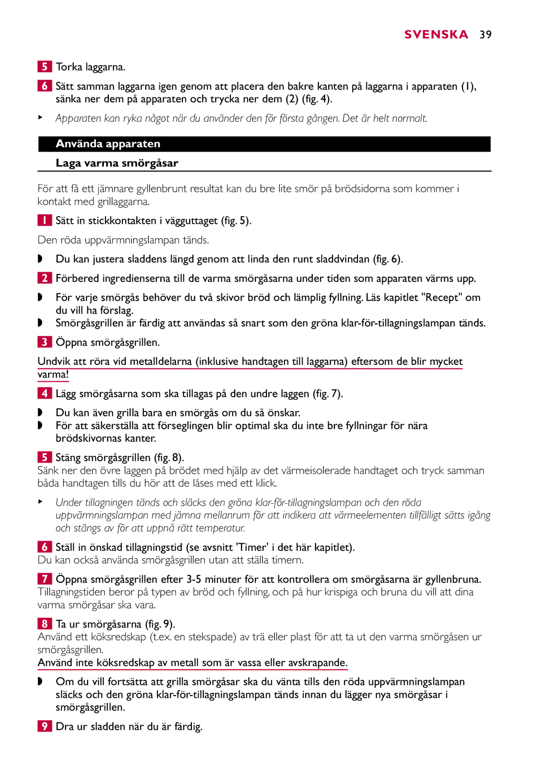 Philips HD2415 manual Svenska, Använda apparaten, Laga varma smörgåsar 