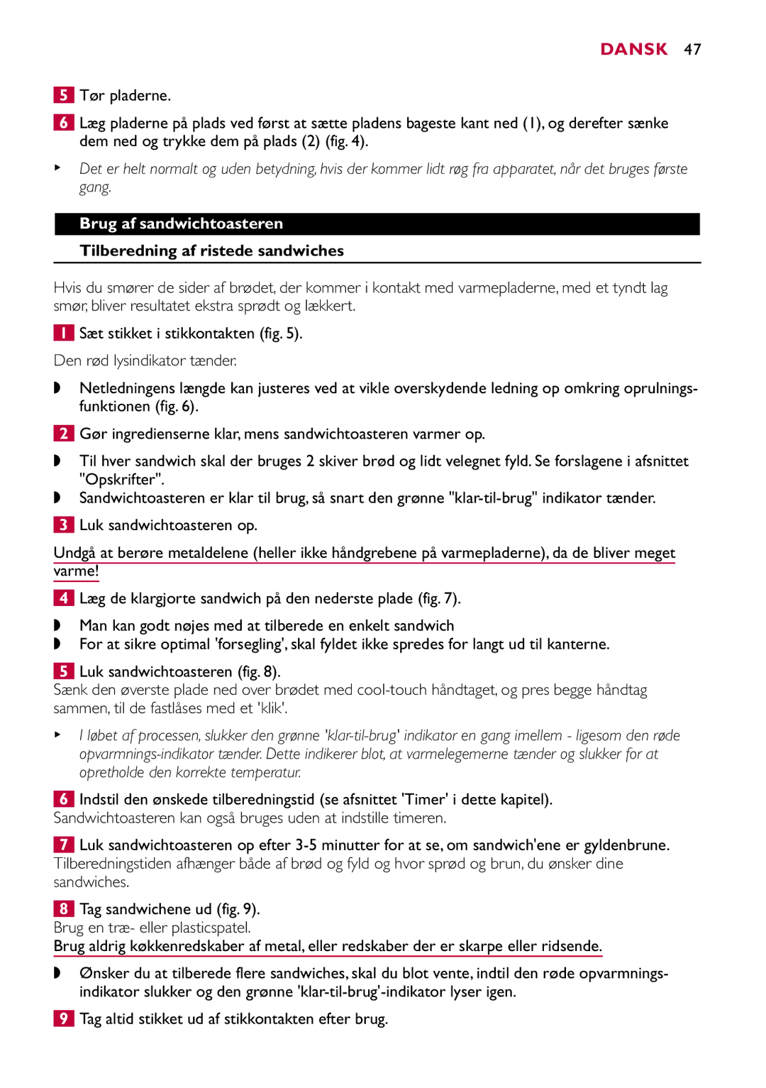 Philips HD2415 manual Dansk, Brug af sandwichtoasteren, Tilberedning af ristede sandwiches 