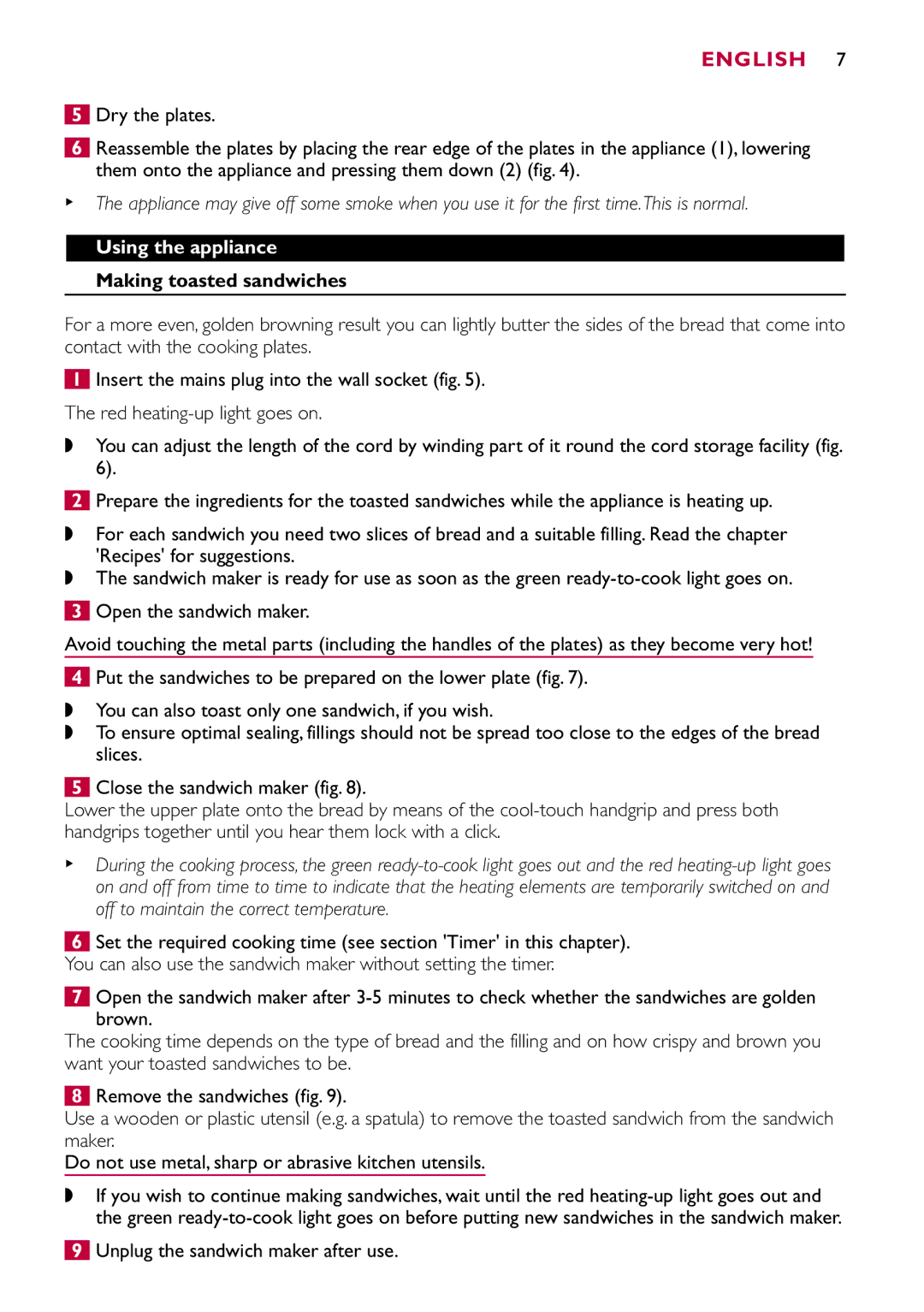 Philips HD2415 manual English, Using the appliance, Making toasted sandwiches 