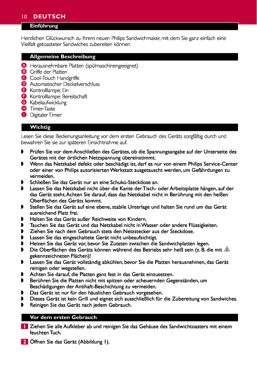 Philips HD2415 manual Deutsch, Einführung, Allgemeine Beschreibung, Wichtig, Vor dem ersten Gebrauch 