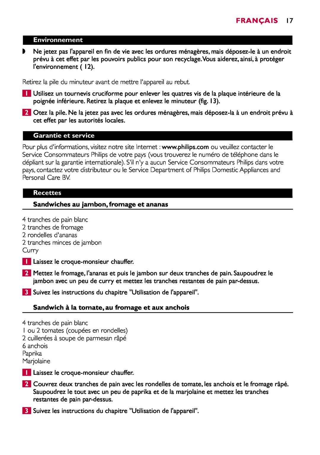 Philips HD2415 manual Environnement, Garantie et service, Recettes, Sandwiches au jambon, fromage et ananas, Français 