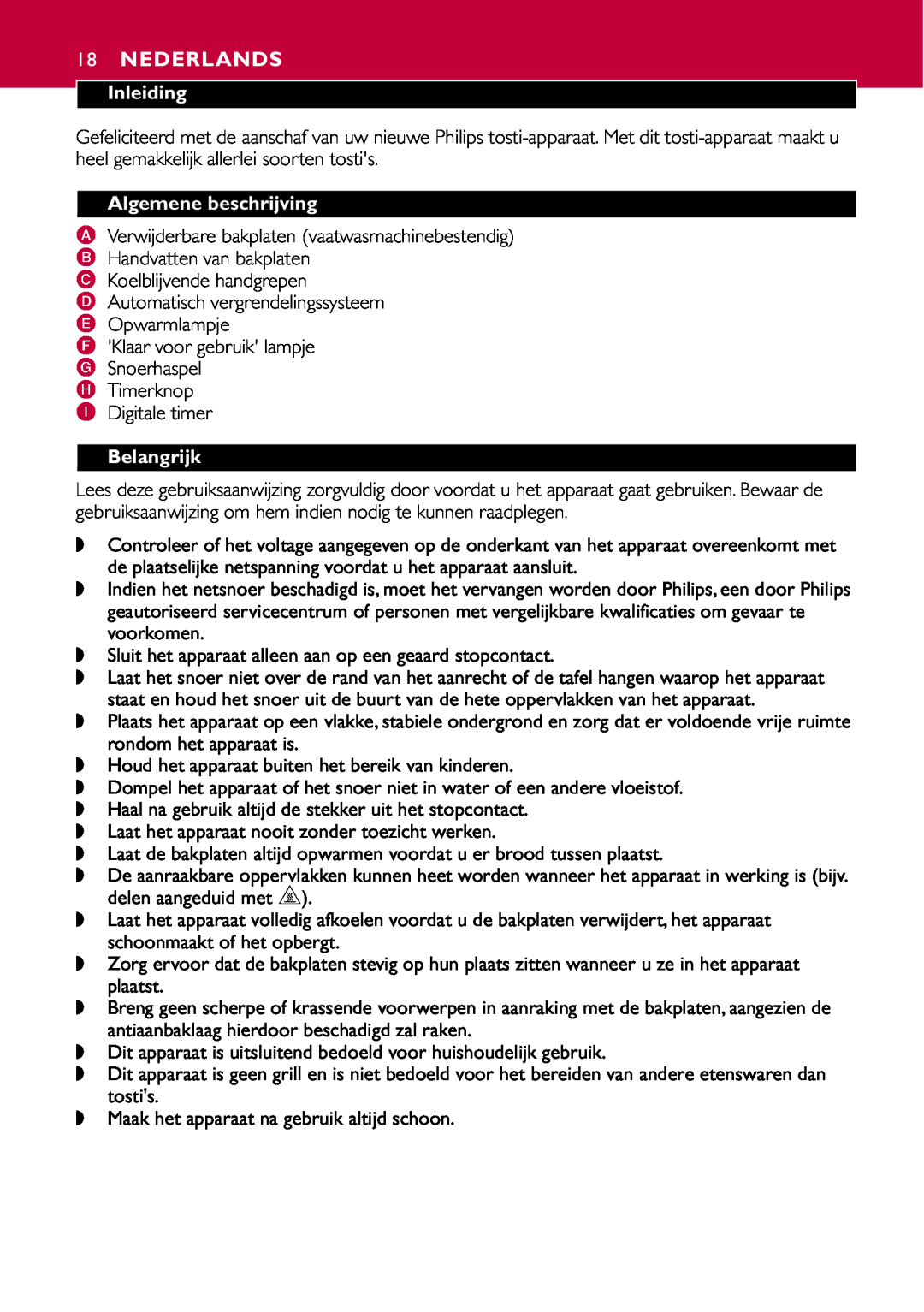 Philips HD2415 manual Nederlands, Inleiding, Algemene beschrijving, Belangrijk 