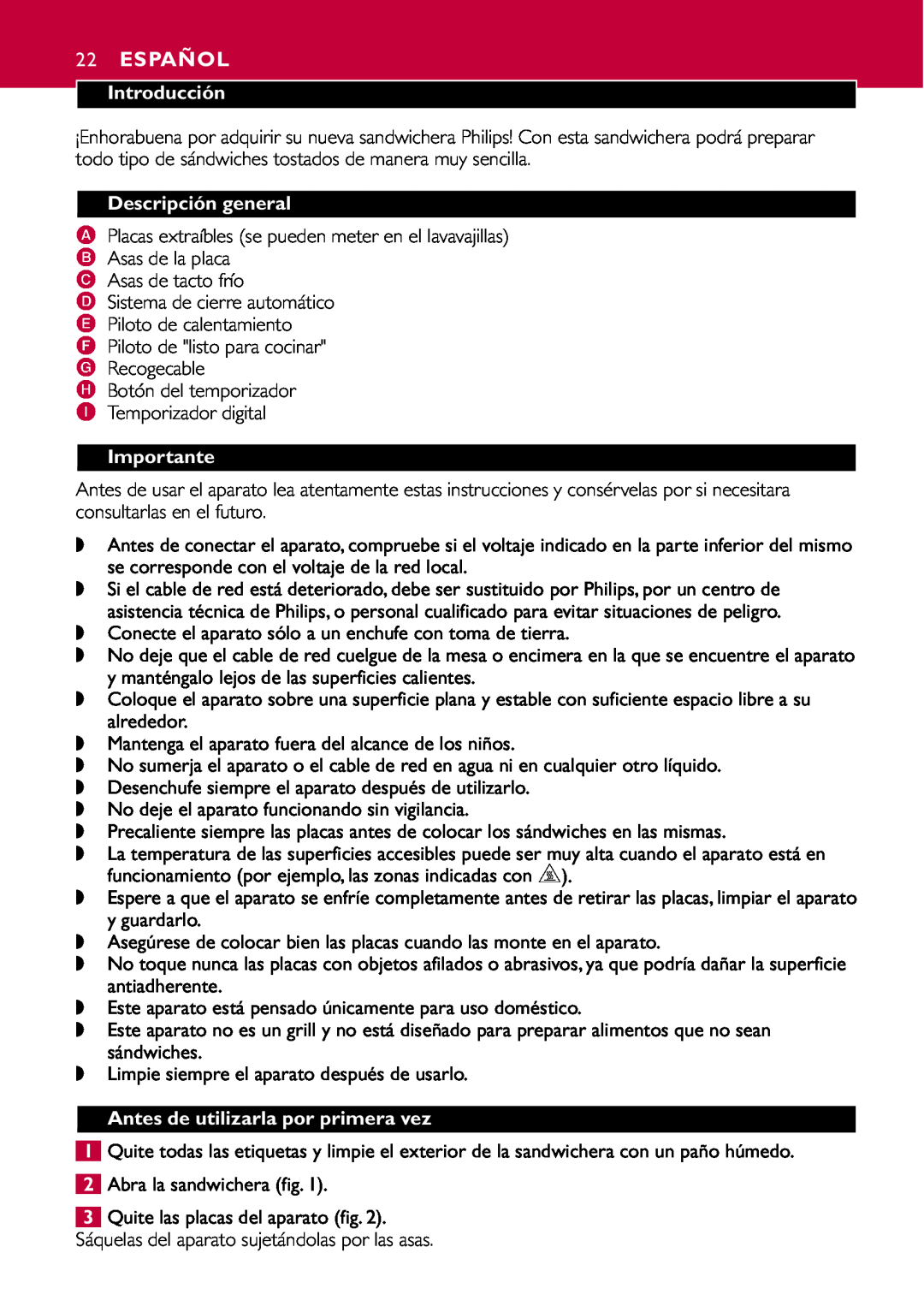Philips HD2415 manual Español, Introducción, Descripción general, Importante, Antes de utilizarla por primera vez 