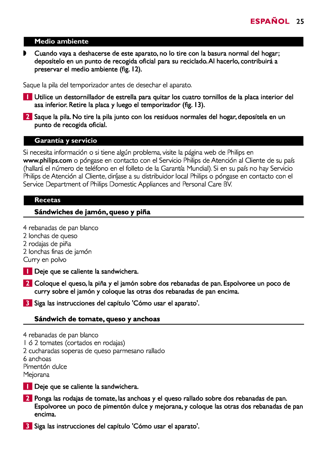 Philips HD2415 manual Medio ambiente, Garantía y servicio, Recetas, Sándwiches de jamón, queso y piña, Español 