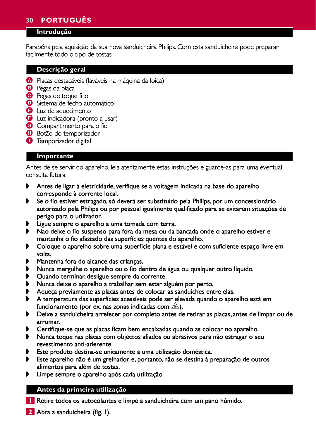Philips HD2415 manual Português, Introdução, Descrição geral, Antes da primeira utilização, Importante 