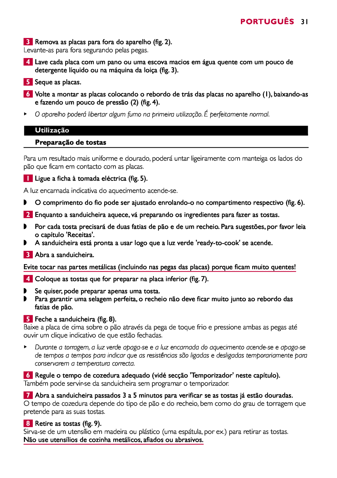 Philips HD2415 manual Português, Utilização, Preparação de tostas 
