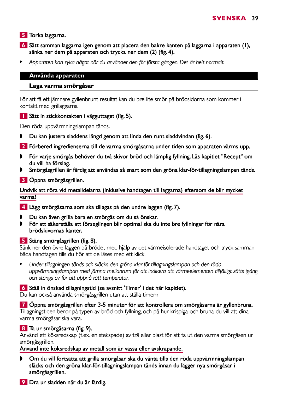 Philips HD2415 manual Svenska, Använda apparaten, Laga varma smörgåsar 