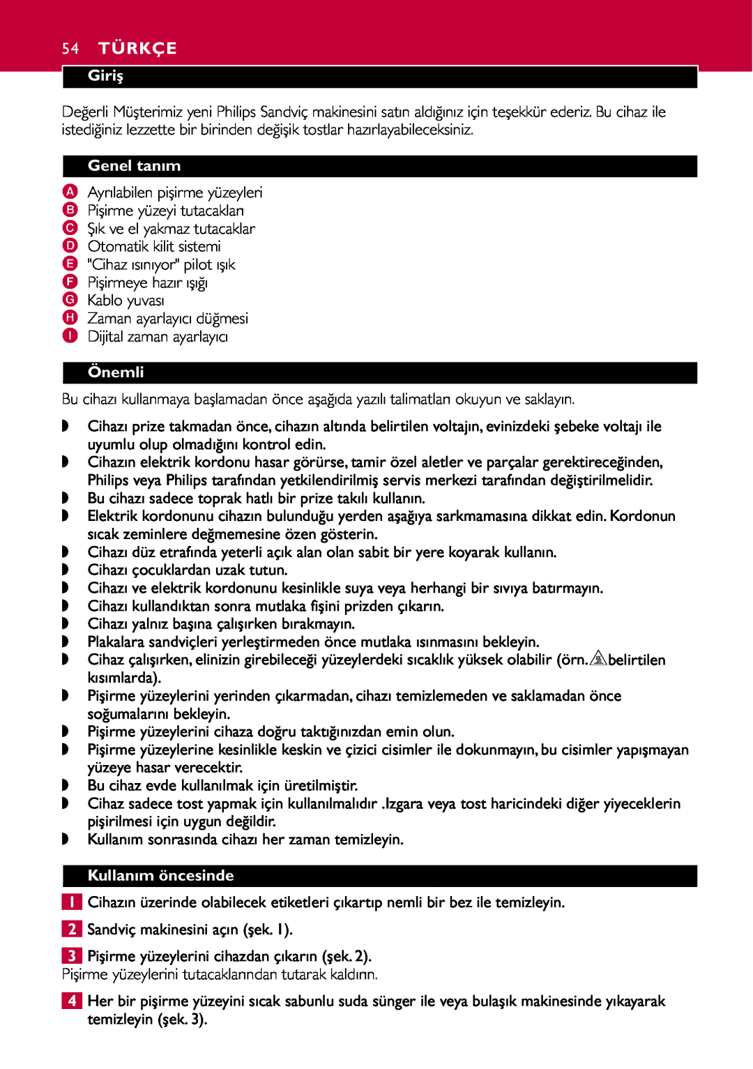 Philips HD2415 manual 54 TÜRKÇE, Giriş, Genel tanım, Önemli, Kullanım öncesinde 