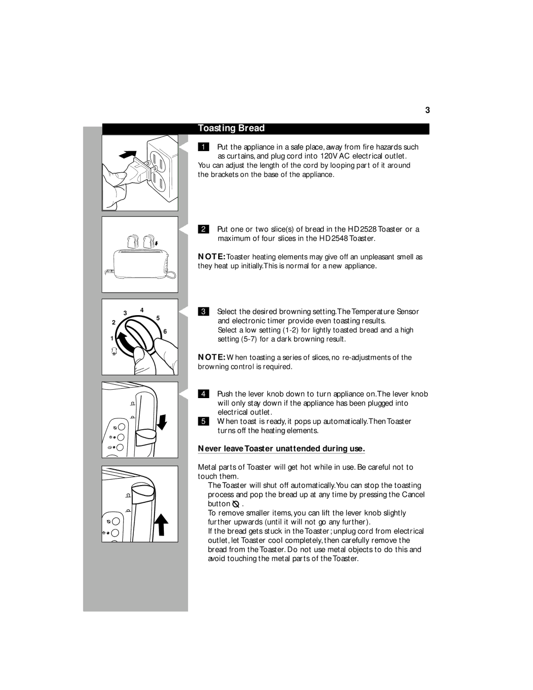 Philips HD2528, HD2548 manual Toasting Bread, Never leave Toaster unattended during use 