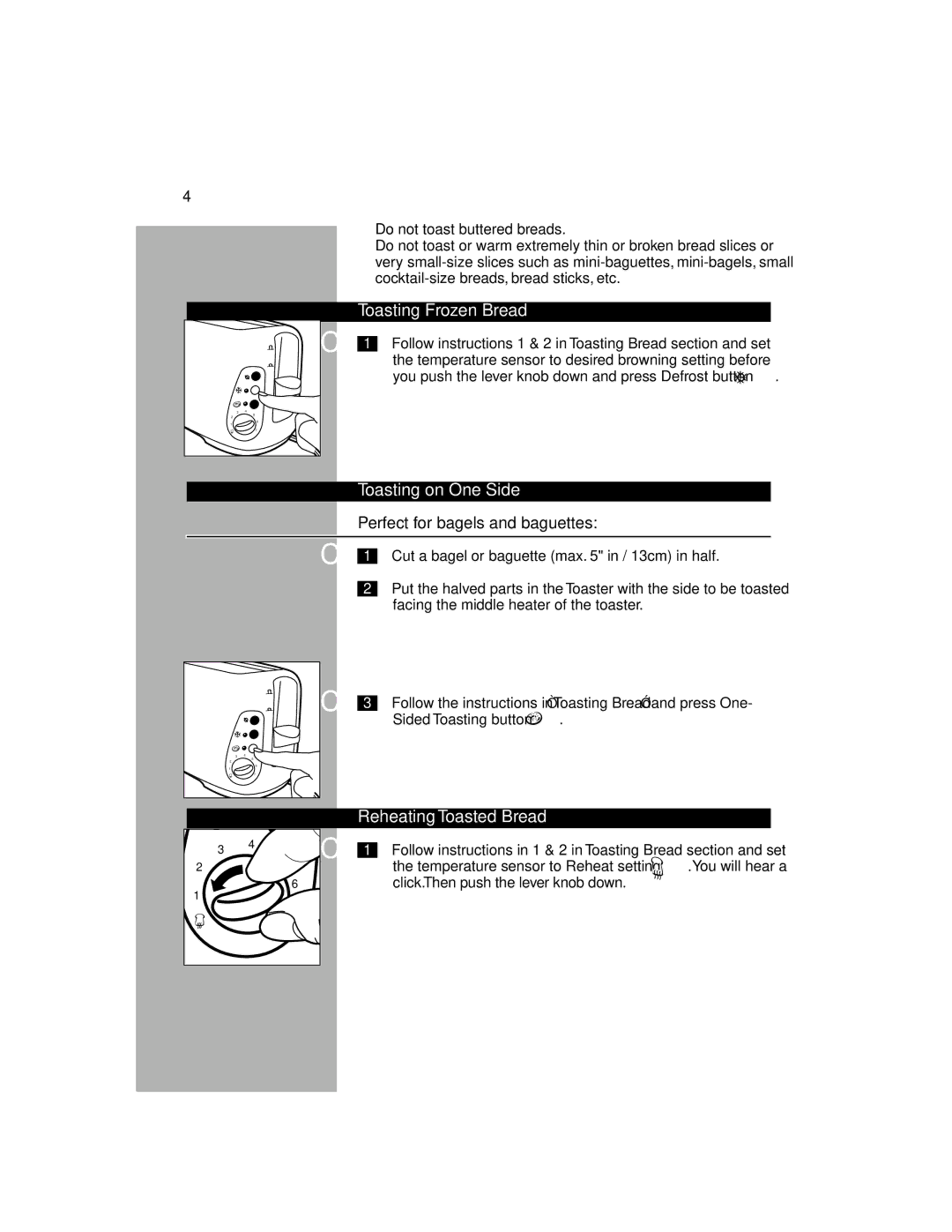 Philips HD2548, HD2528 manual Reheating Toasted Bread, Do not toast buttered breads 