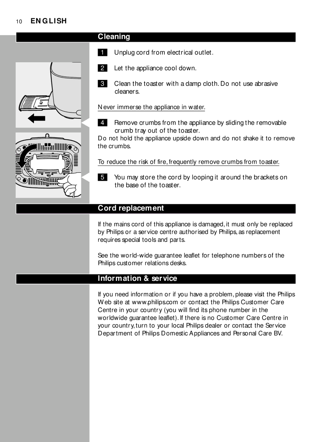 Philips HD2600, HD2603, HD2602, HD2601 manual Cleaning, Cord replacement, Information & service 