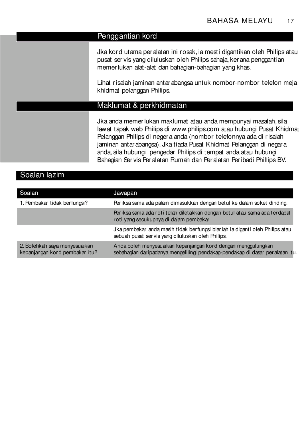 Philips HD2602, HD2603, HD2600, HD2601 manual Penggantian kord, Maklumat & perkhidmatan Soalan lazim 