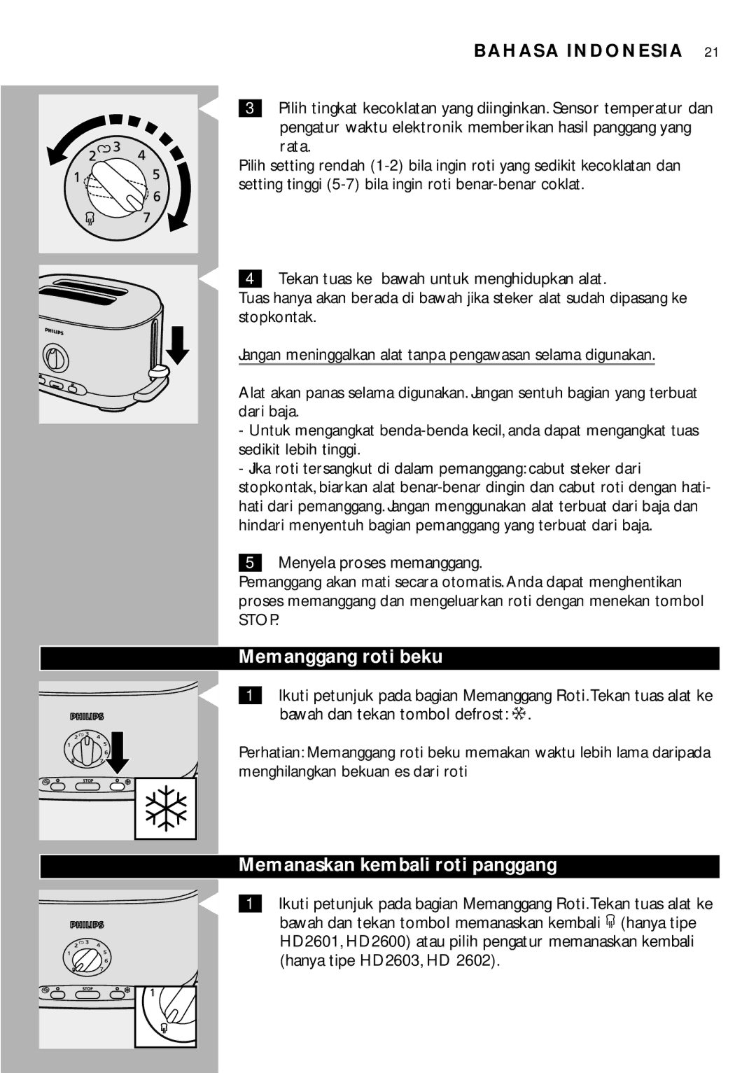 Philips HD2602, HD2603, HD2600, HD2601 manual Memanggang roti beku, Memanaskan kembali roti panggang 