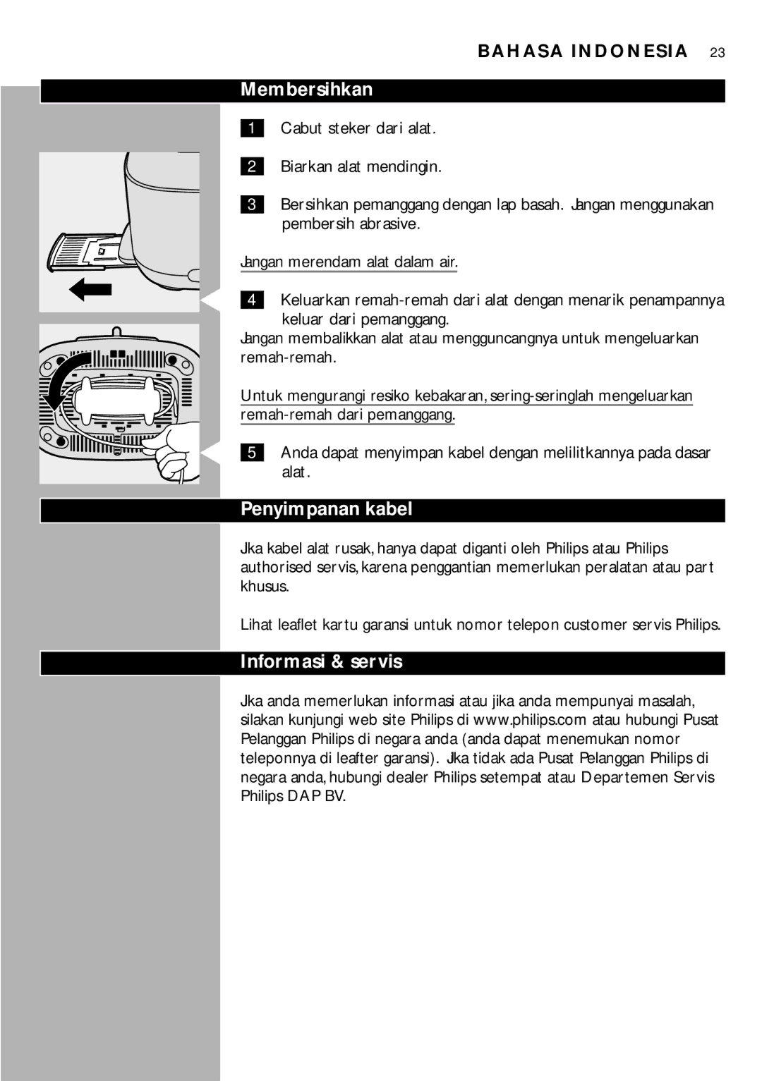 Philips HD2601, HD2603, HD2602, HD2600 manual Membersihkan, Penyimpanan kabel, Informasi & servis 