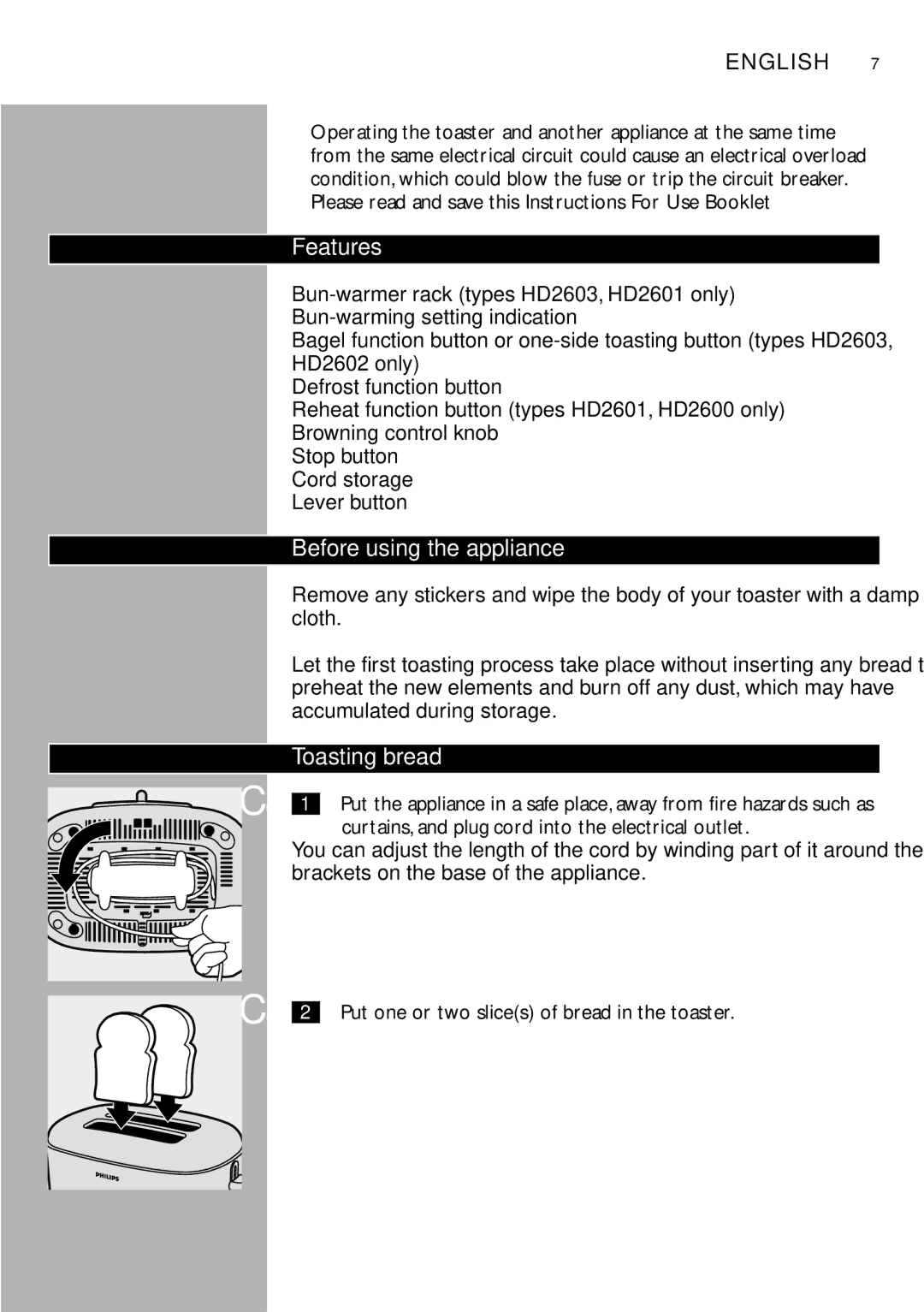 Philips HD2601, HD2603, HD2602, HD2600 manual Features, Before using the appliance, Toasting bread 