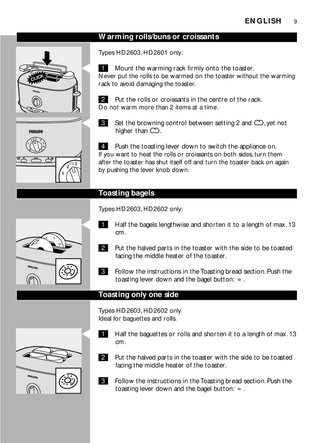 Philips HD2602, HD2603, HD2600, HD2601 manual Warming rolls/buns or croissants, Toasting bagels, Toasting only one side 