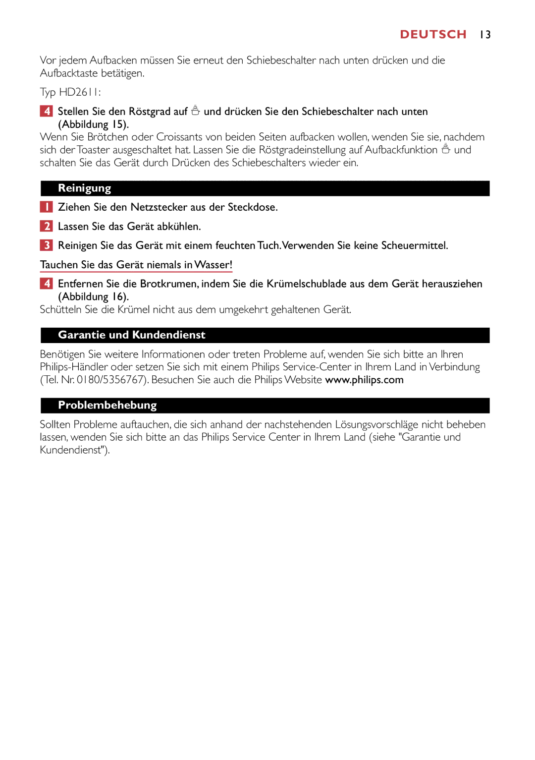 Philips HD2611, HD2615, HD2613 manual Reinigung, Garantie und Kundendienst Problembehebung 