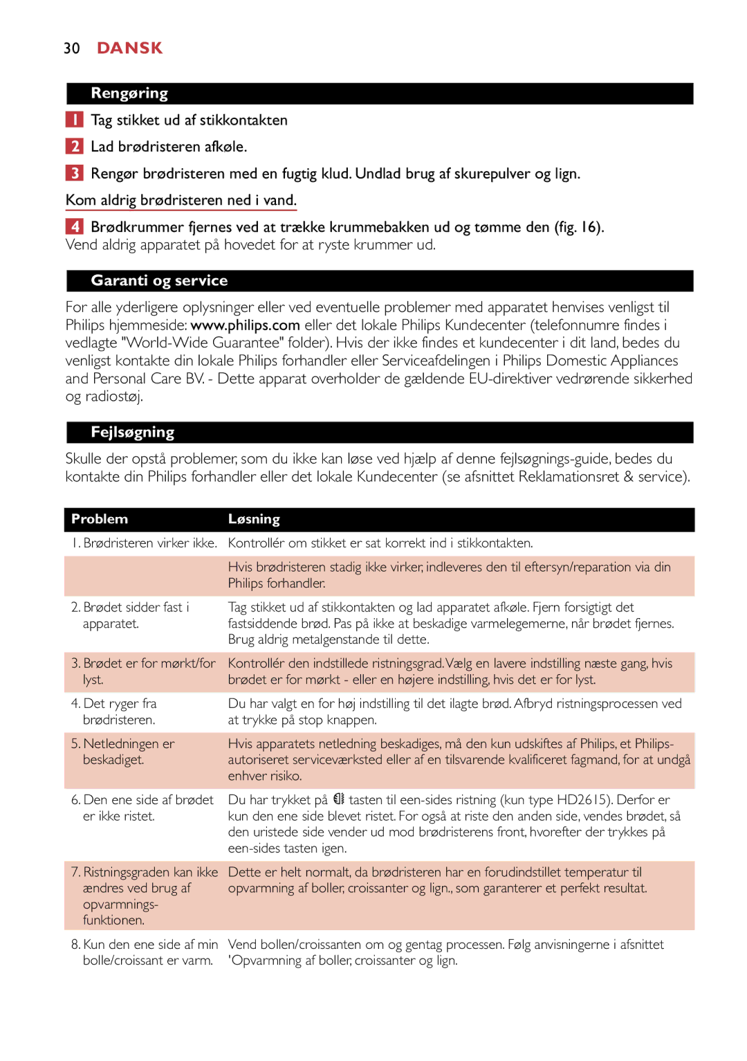 Philips HD2615, HD2611, HD2613 manual Rengøring, Garanti og service Fejlsøgning, Problem Løsning 