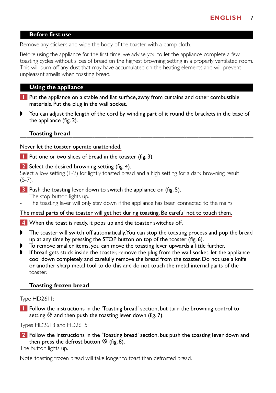 Philips HD2611, HD2615, HD2613 manual English, Before first use, Using the appliance, Toasting bread, Toasting frozen bread 