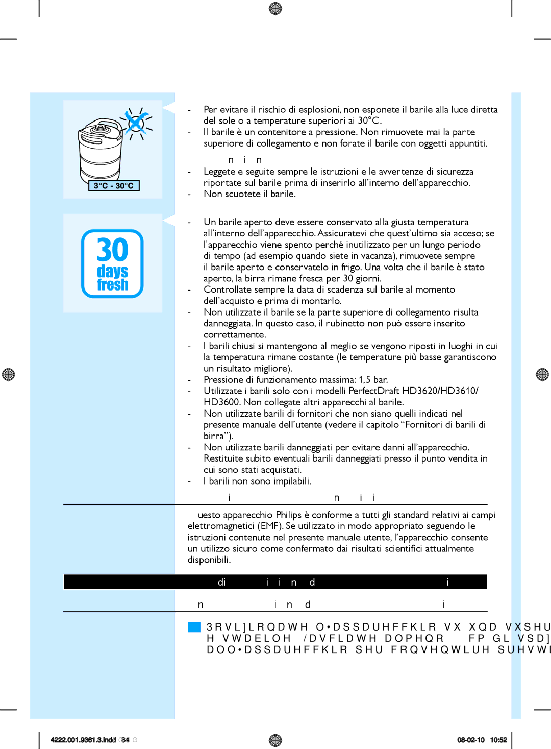 Philips hd3620 manual Non scuotete il barile, Campi elettromagnetici EMF, Predisposizione dell’apparecchio 